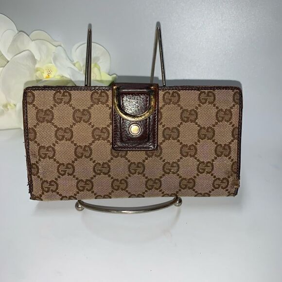 Authentic GUCCI GG Logo Leather Trim Long Wallet - Picture 1 of 10